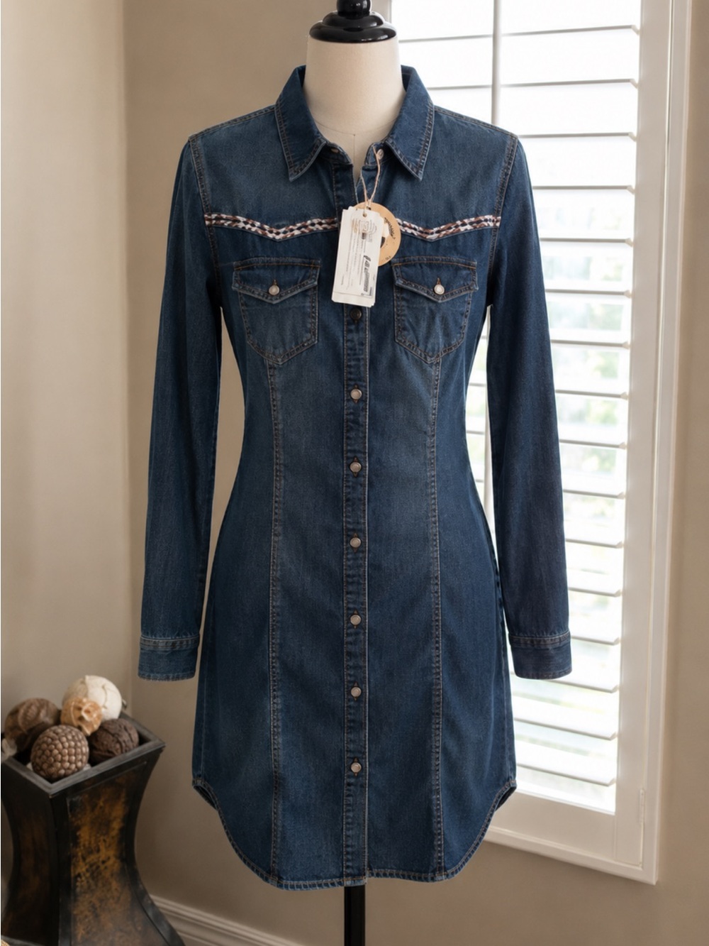 Denim Button-Front Shirt Dress in Dark Blue